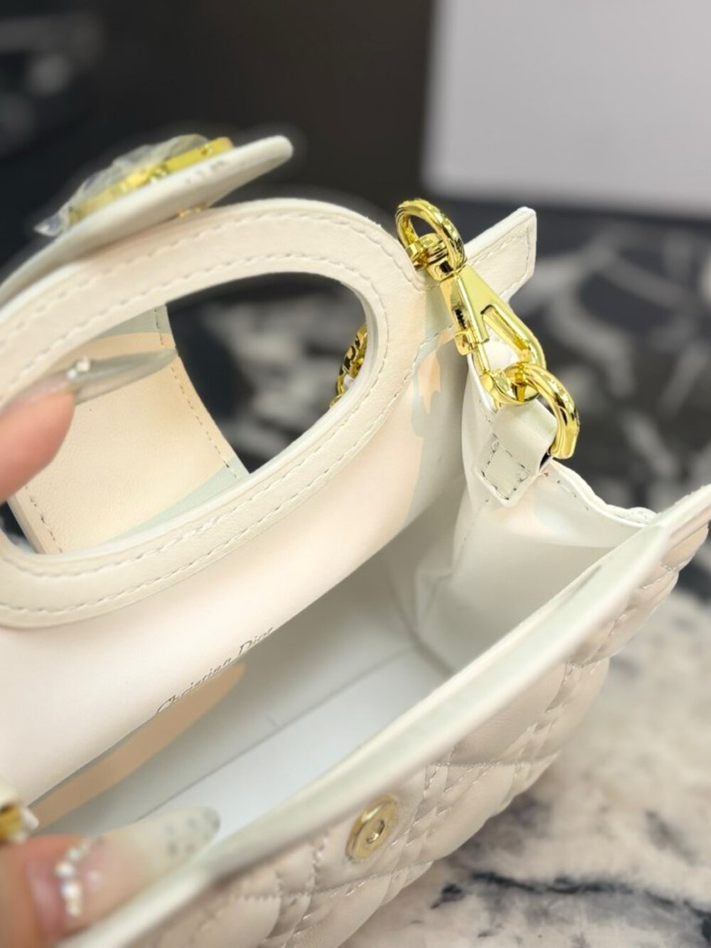 Dior Jolie Mini Top Handle Bag White Cannage Quilted Pearl Chain Crossbody - Picture 4 of 9